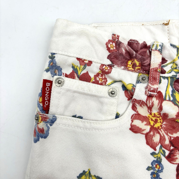 Vintage 80s 90s BONGO White & Floral Print Denim High Rise Mom Shorts Jr 1 25x2" - Picture 6 of 14
